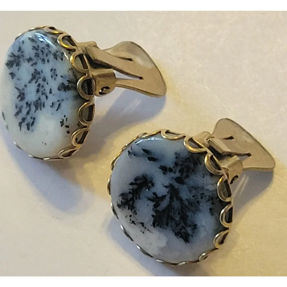 Vintage Estate Cabochon Clip-On Earrings Gold Tone Dendritic Round Jewelry